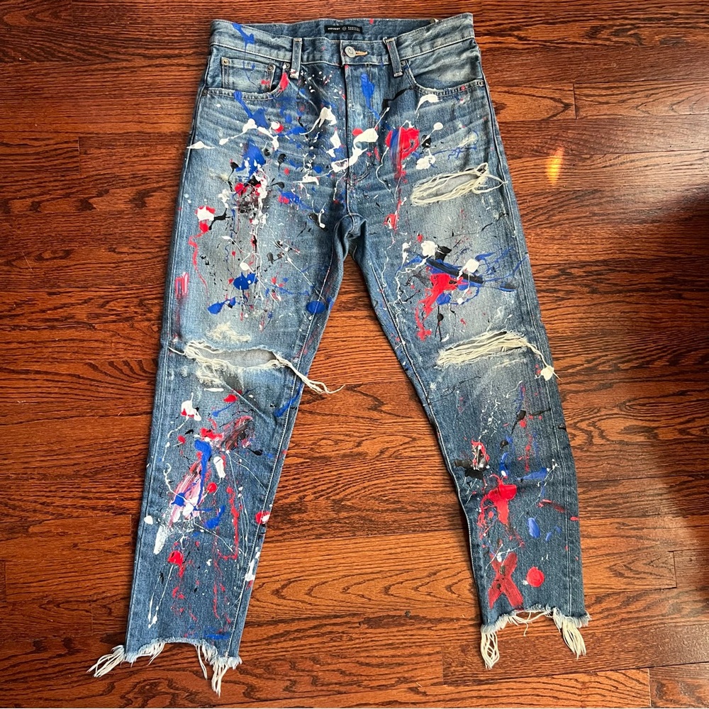 Moussy Blue Denim Distressed Splatter Paint Straight Leg Jeans size 29